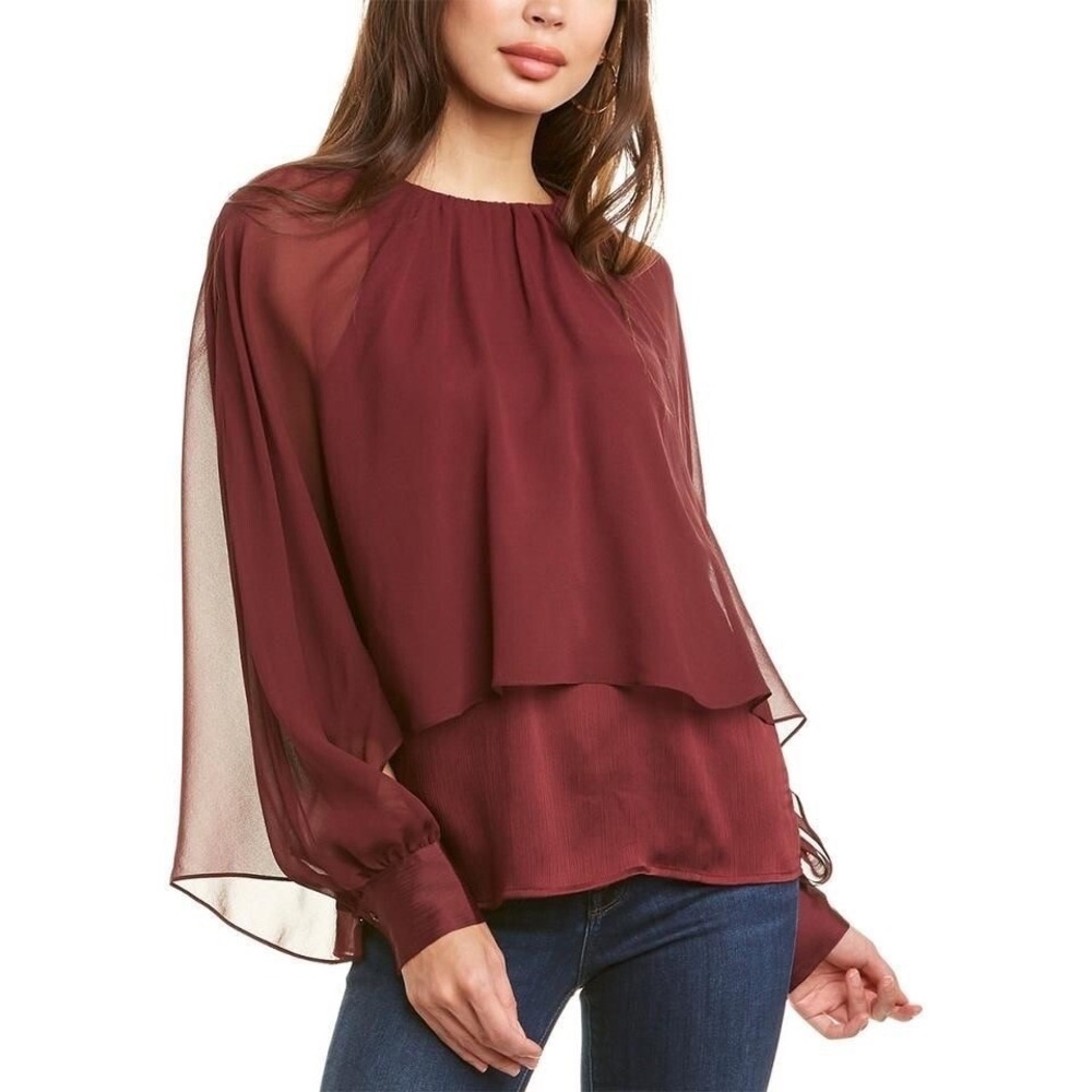 Trina Turk Preston Silk Top Burgundy Fall Blouse Sz XL $248